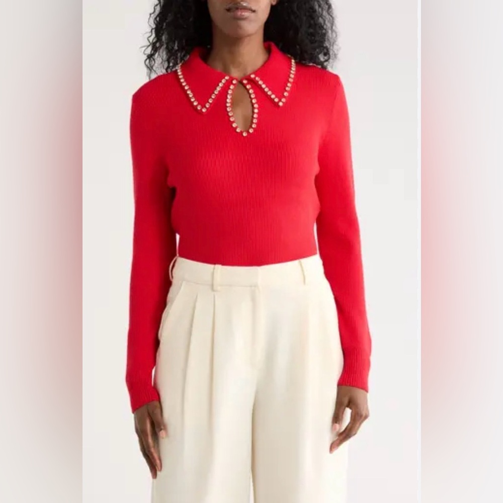 NWT Nicole Miller Red Sweater with jewel Embellishments - Large